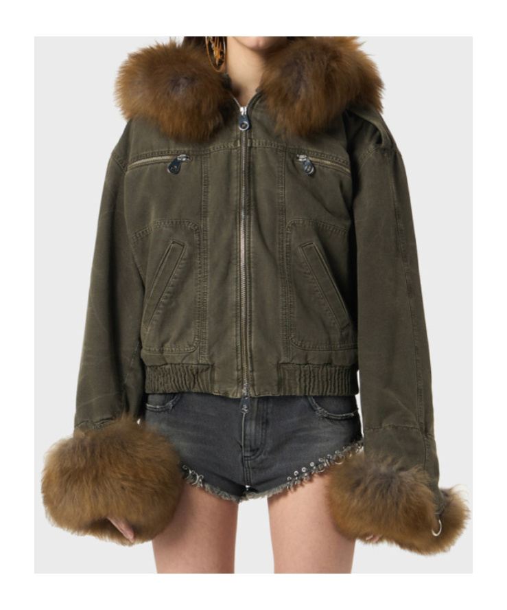 Blumarine Green Jacket With Removable Fur Details In Cotton Woman In Green