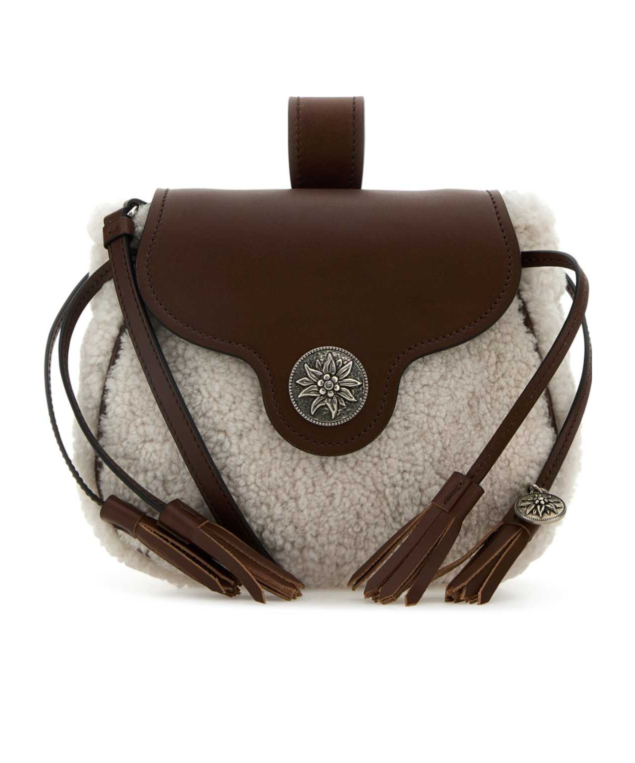 Prada Shearling Crossbody Bag With Tassel And Top Handle In Beige/tan
