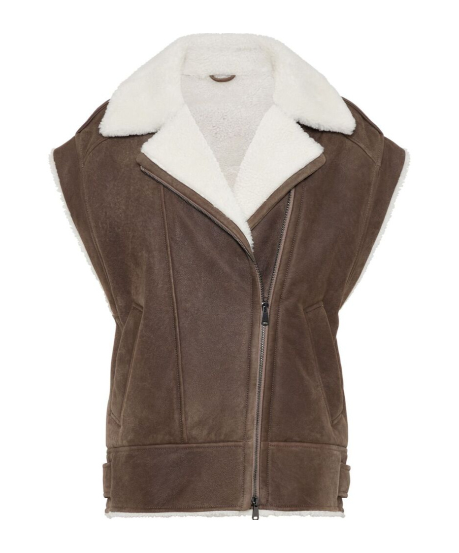 Brunello Cucinelli Zip-up Shearling Vest In Brown