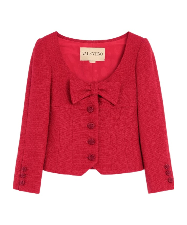Valentino Textured Tweed Blazer Bow Detail In Red