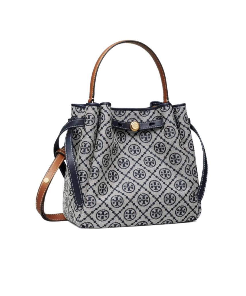 Tory Burch Romy T Monogram Bucket Bag In Blue