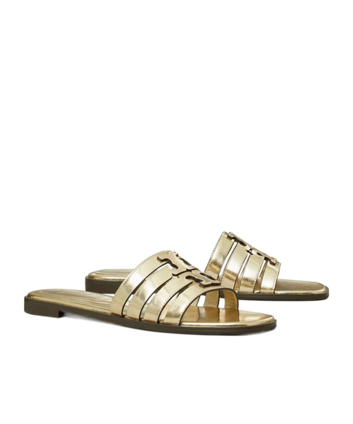 Tory Burch Ines Metallic Flat Slides In Gold