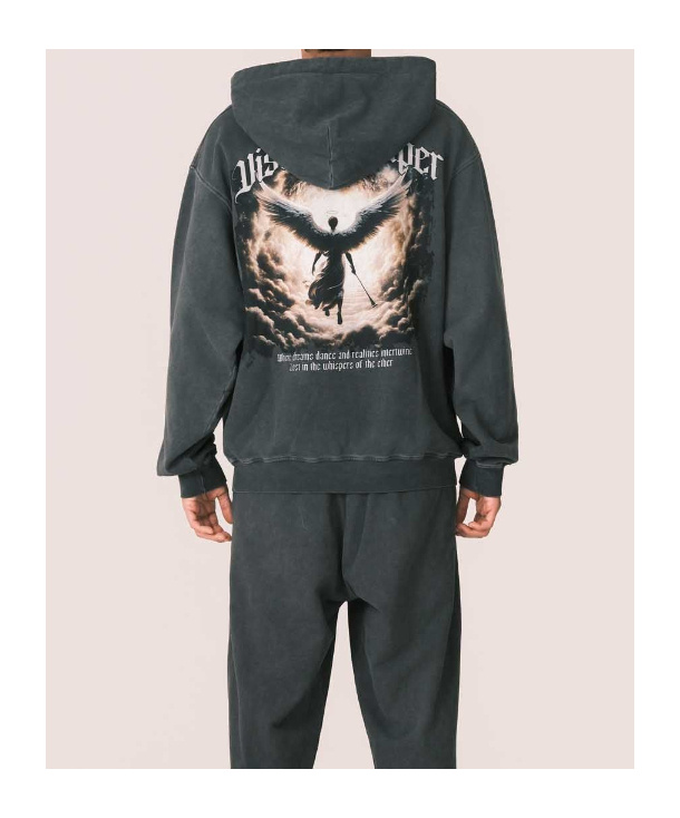 Vision Of Super Stone Wash Black Hoodie With Angel Print In Multi