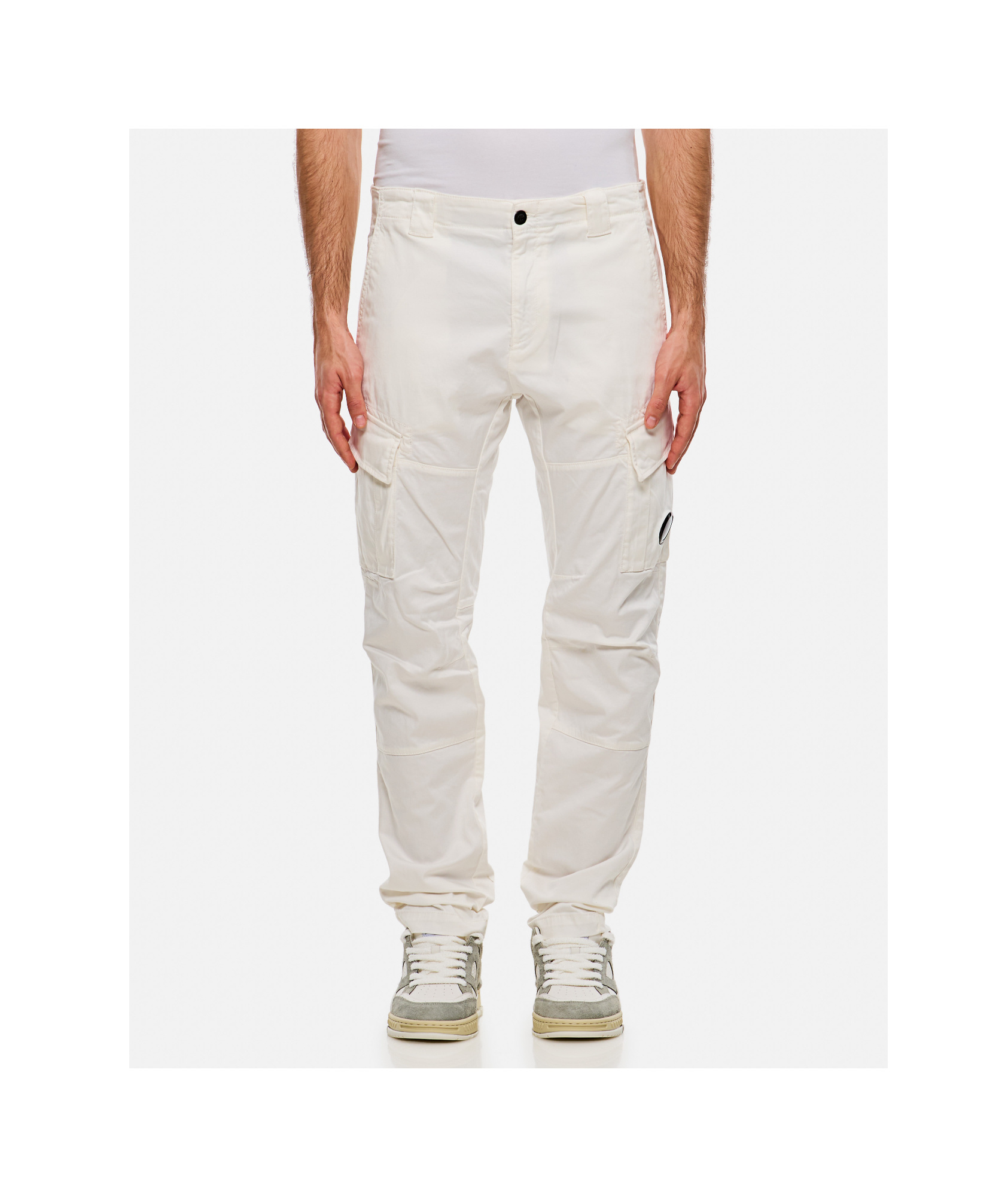 C.p. Company White Cargo Pants With Lens Motif On The Leg In Cotton Man In White