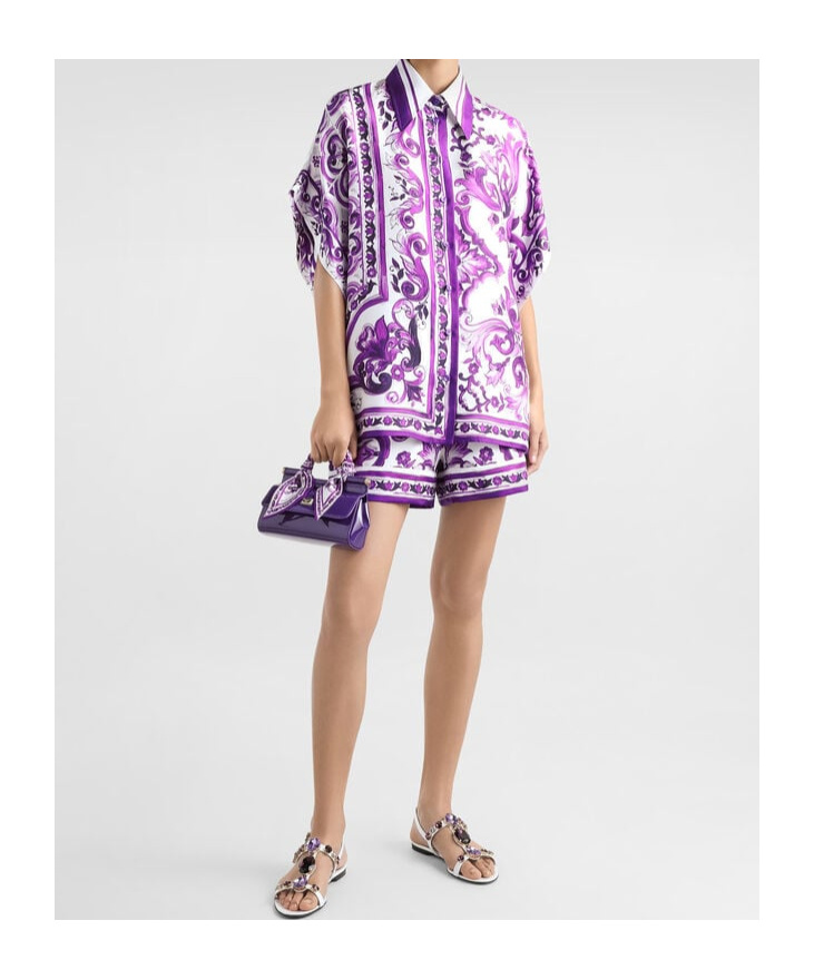 Dolce & Gabbana Silk Shirt With Bold Floral Print In Purple