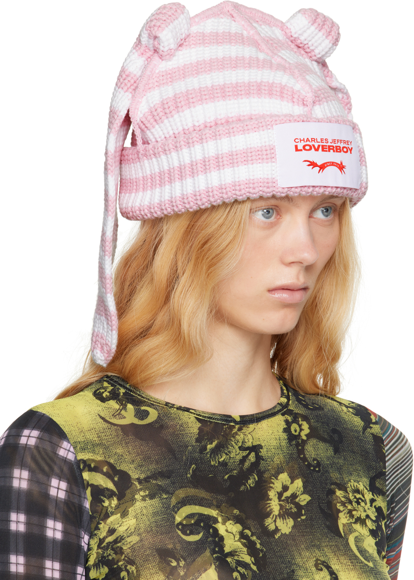Charles Jeffrrey Loverboy Chunky Rabbit Beanie In Pink And White Stripes