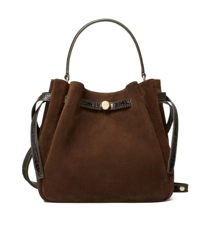 Tory Burch Romy Suede Belted Bucket Bag In Brown