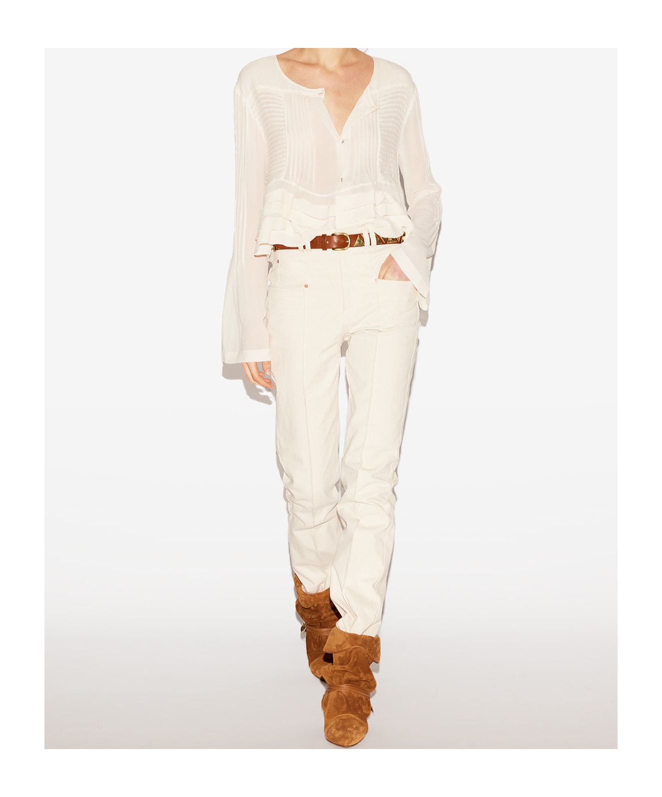 Isabel Marant Carolia Pleated Ruffle Crop Silk Blouse In White