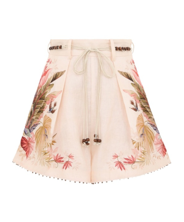 Zimmermann Floral Print Linen Shorts With Removable Waist Strap And Side Pockets In Neutral