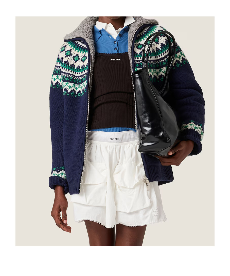 Miu Miu Wool And Fleece Cardigan With Zipper In Blue
