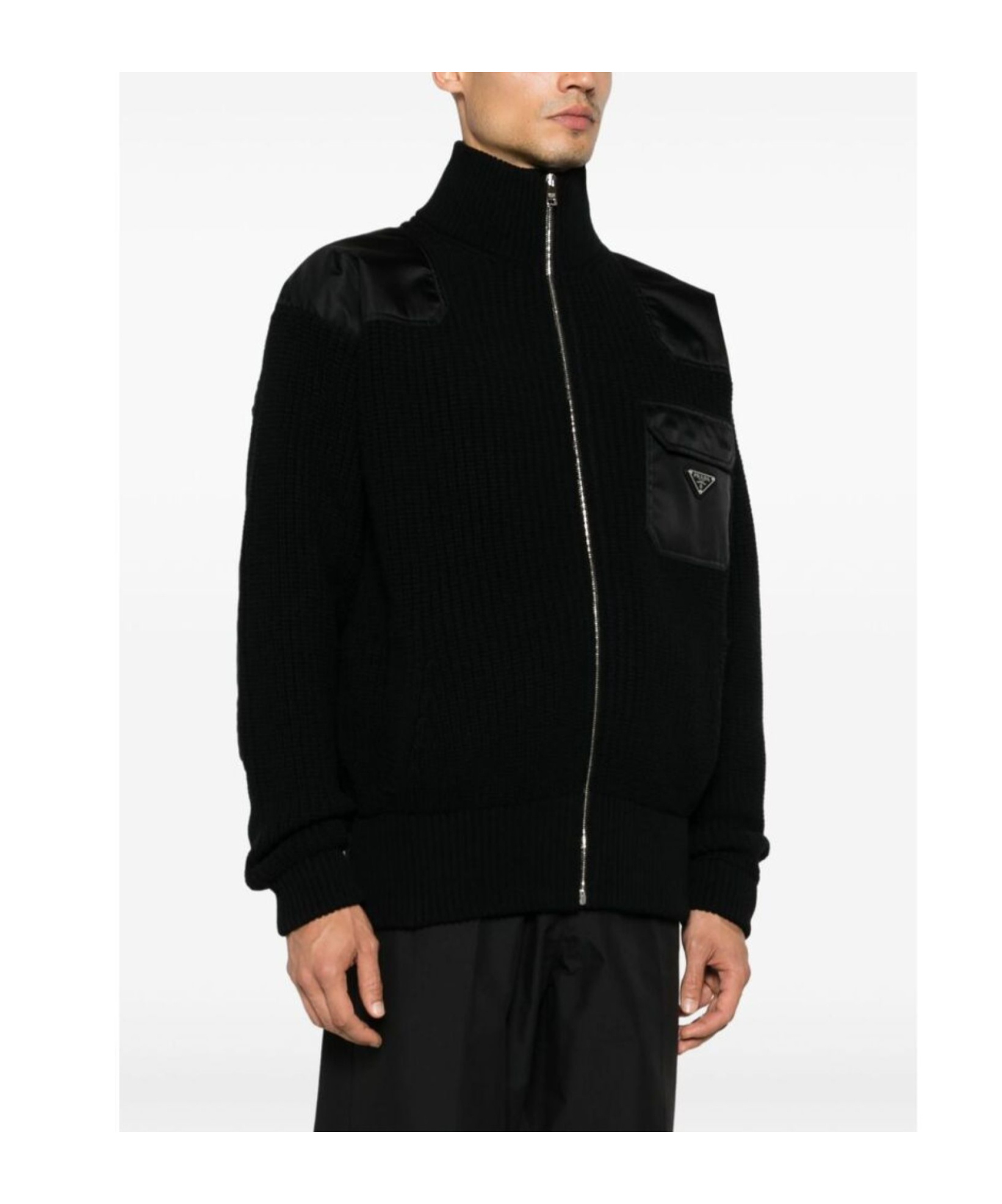 Prada Enamel-triangle Zip-up Jacket In Black