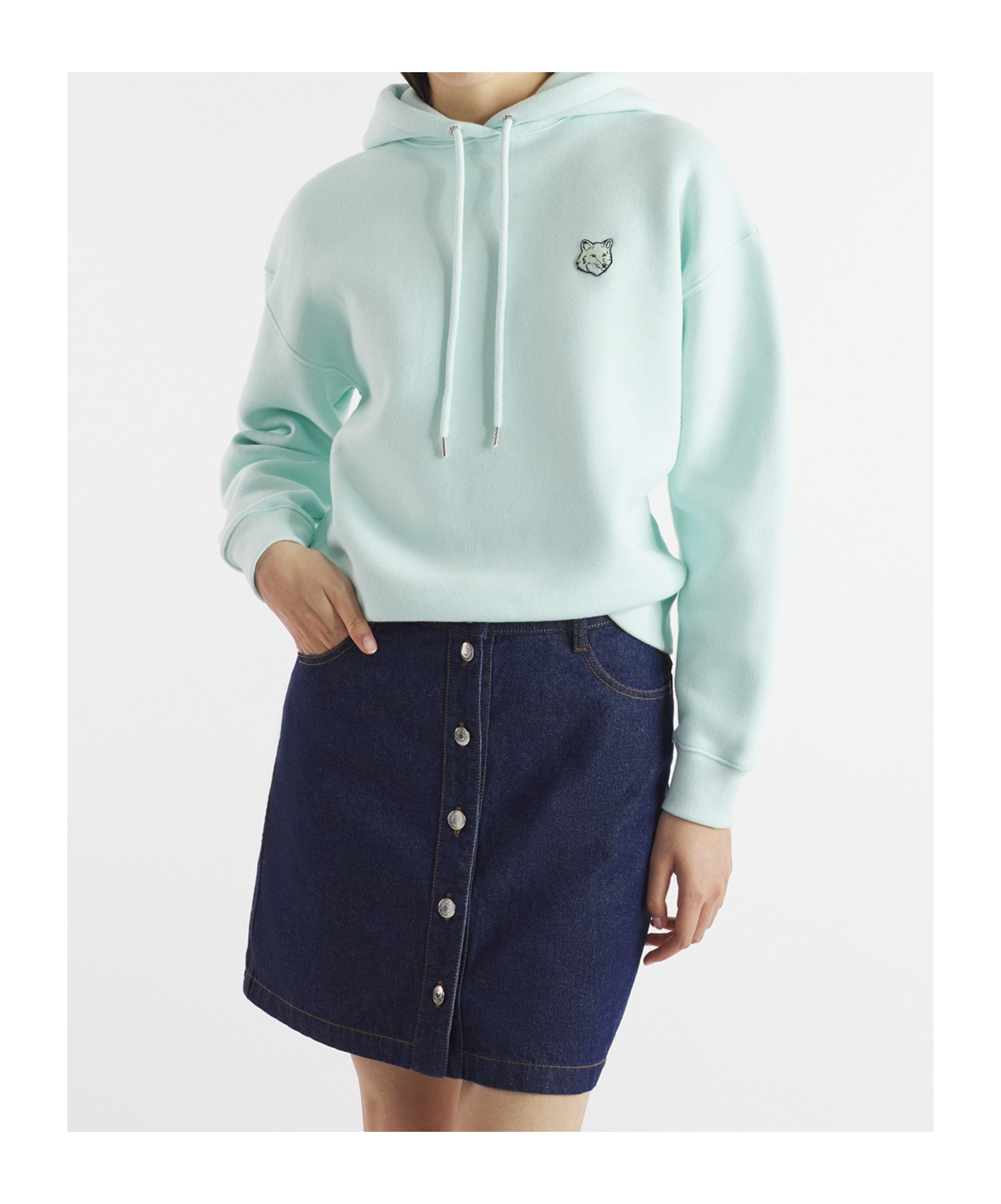 Maison Kitsuné Pastel Mint Cropped Hoodie With Embroidered Fox Logo In Blue