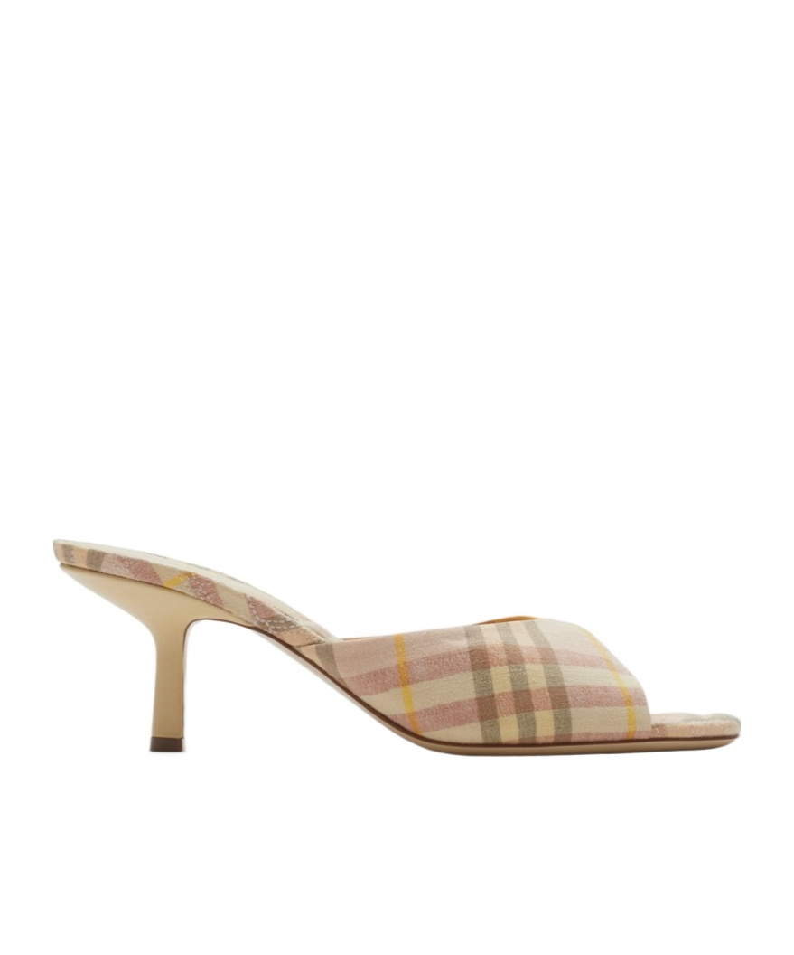 Burberry Beige Check Linen Mule Sandals With 6.5 Cm Heel Lf Mews 65 Chk 162393 In Nude