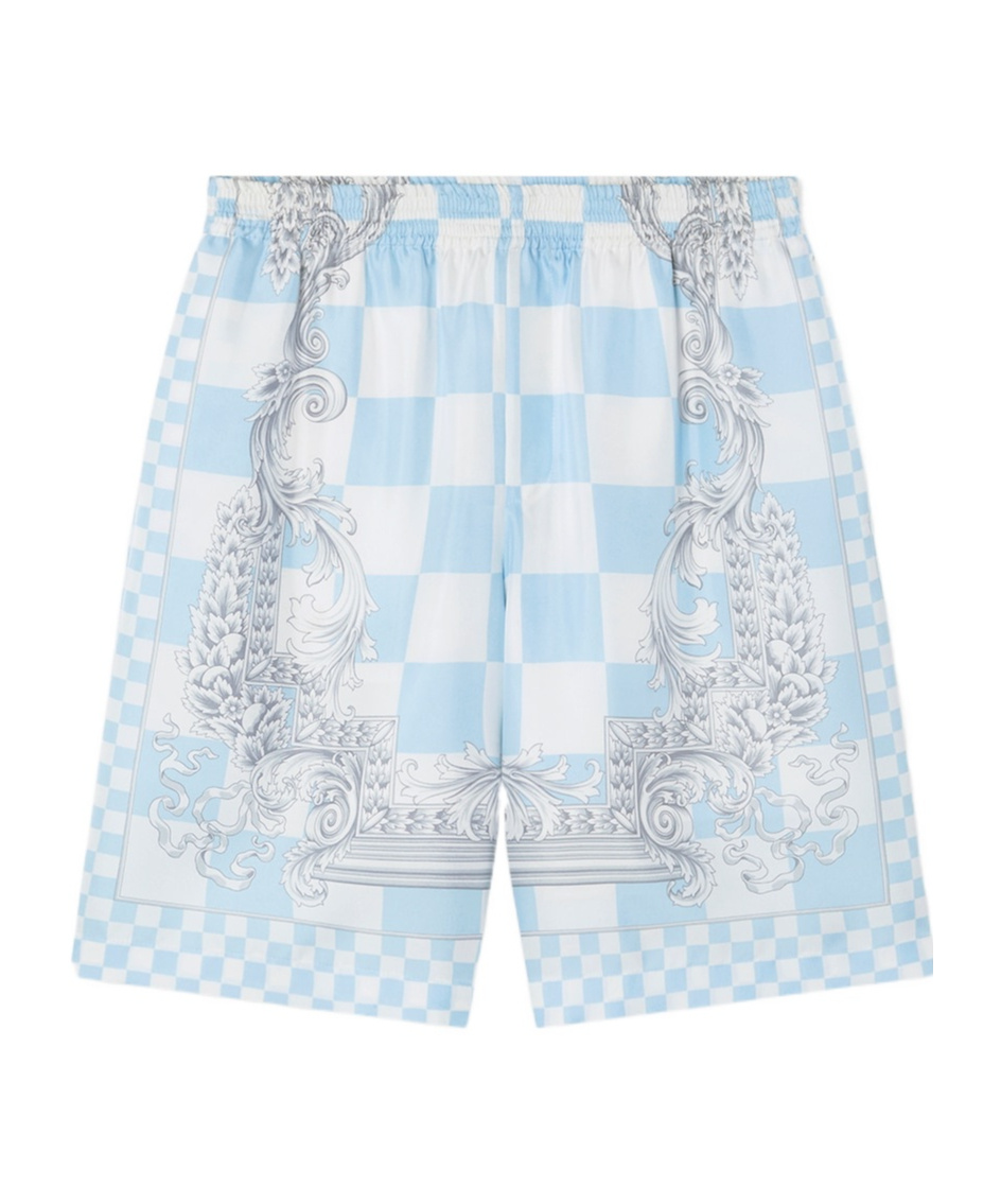 Versace Blue Barocco Checkerboard-print Shorts In White