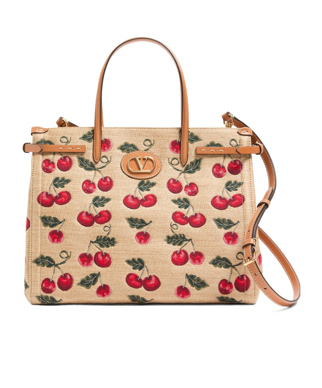 Valentino Garavani Garavani Antibes Medium Shopping Bag In Jacquard Raffia With Cherryfic Motif Woma In Natural/red