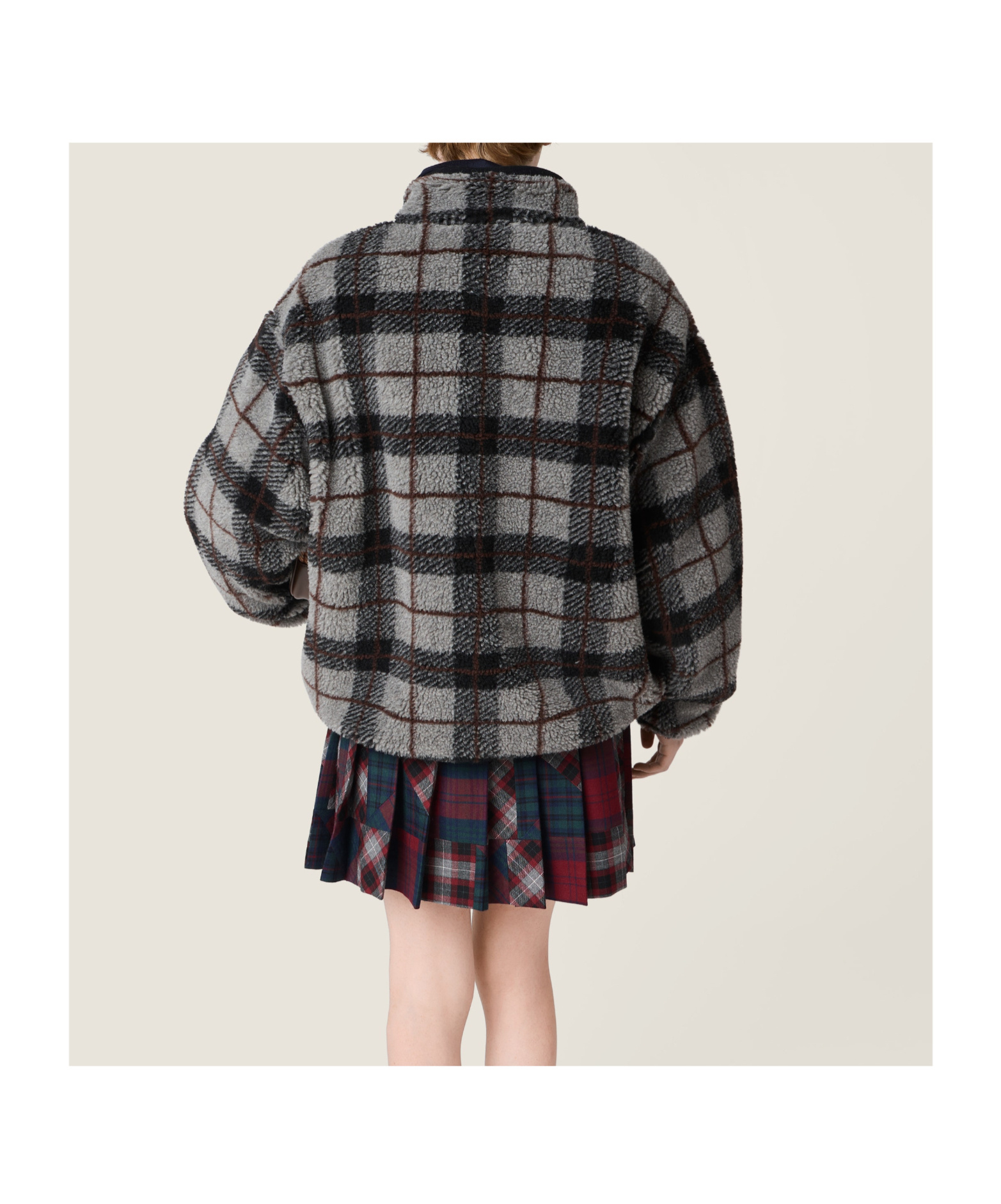 Miu Miu Checked-pattern Teddy-fleece Jacket In Black