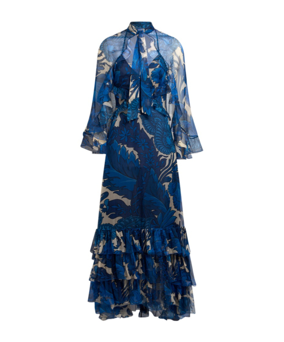 Etro Dress With Maxi Floral Print And Detachable Cape In Electric Blue