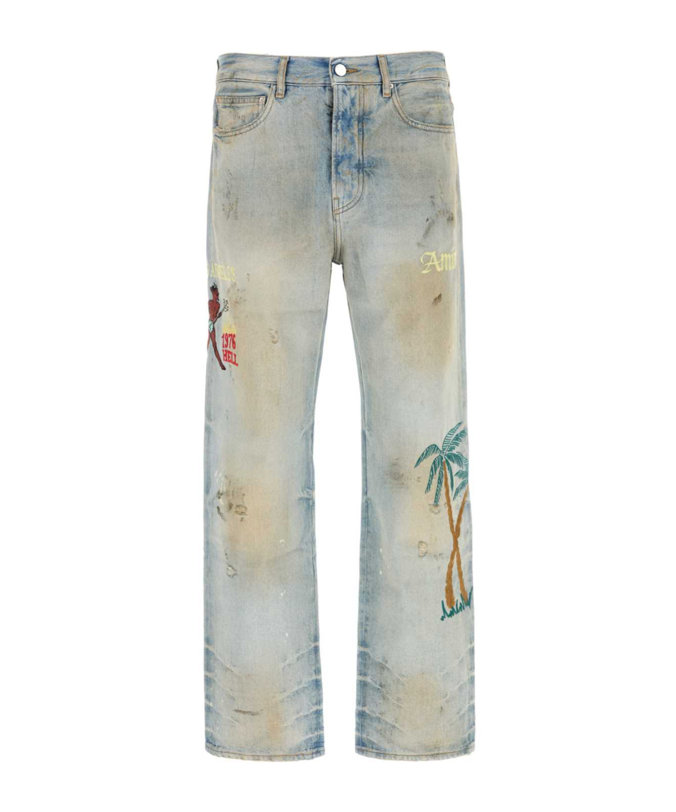 Amiri Distressed Embroidered Denim Trousers In Gray