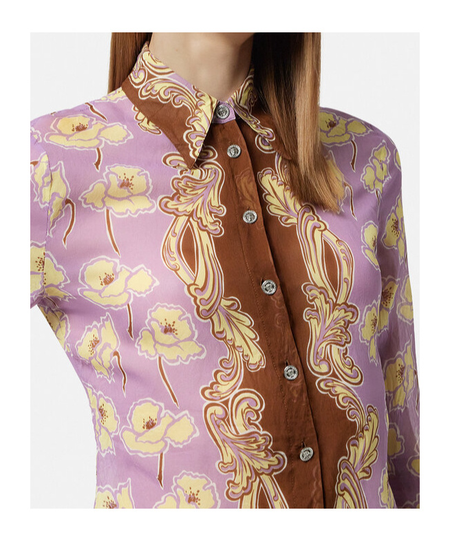 Versace Poppies Print Crinkled Crepe Button-up Shirt In Lavender Brown