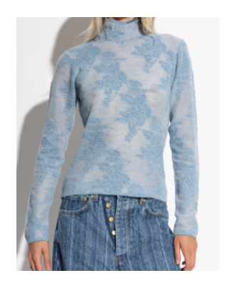 Ganni Flower-jacquard Mockneck Sweater In Blue