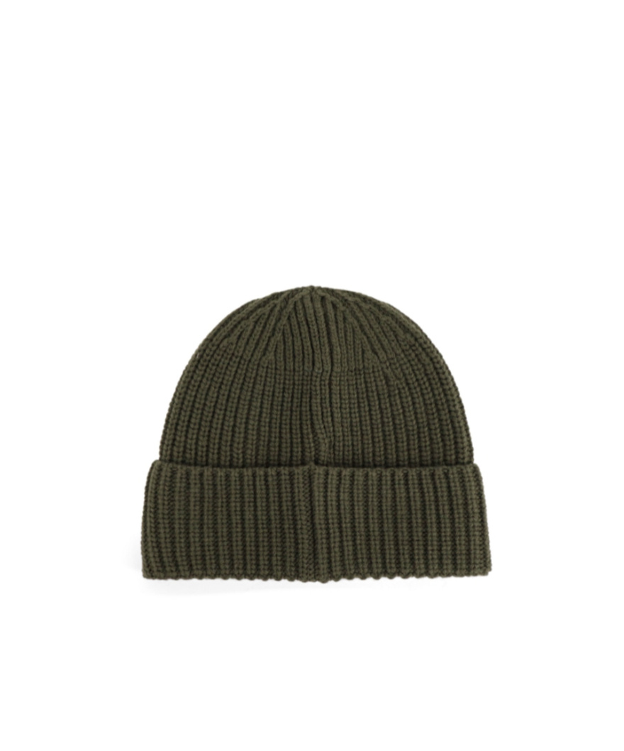 Stone Island Beanie With Compass Patch And Ribbed Cuff In Green