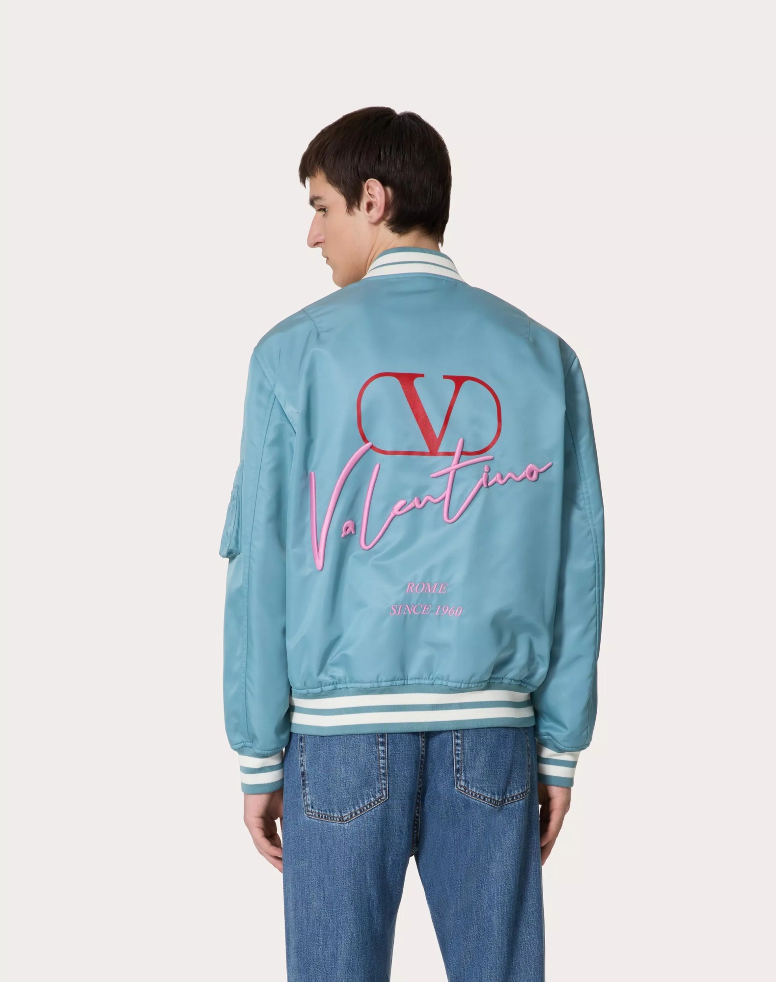 Valentino Nylon Bomber Jacket With Embroidery And Print. In Blue