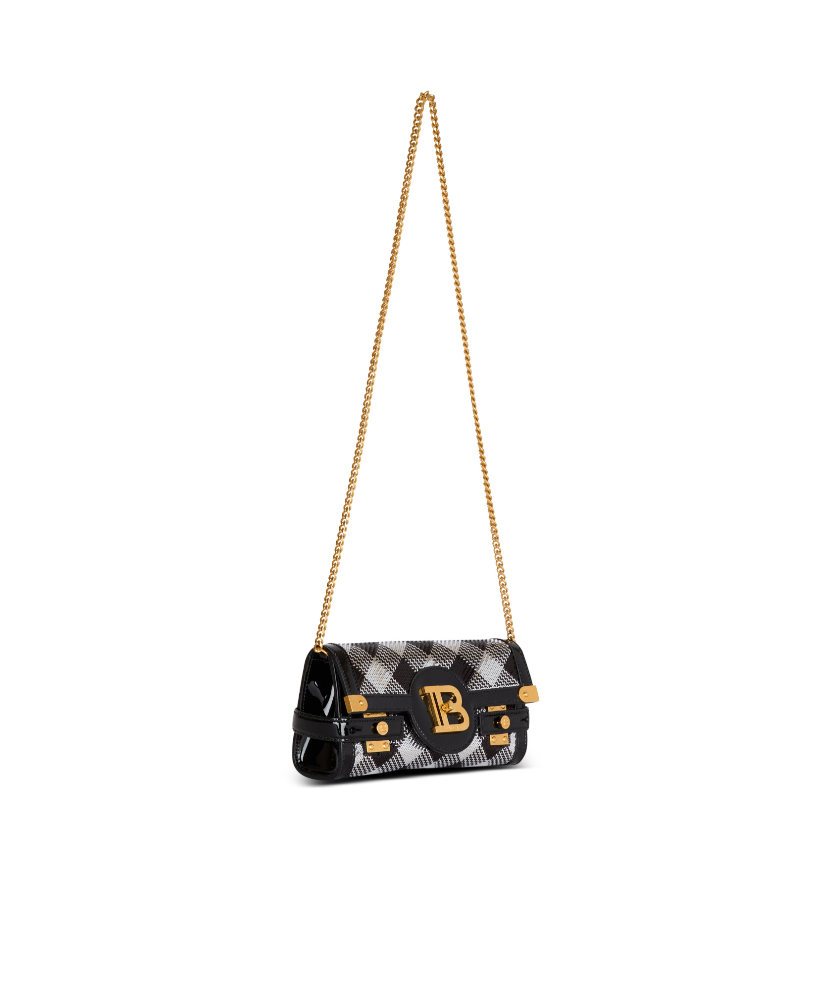 Balmain B-buzz Pouch 23 With Gingham Sequins And Patent Leather In Black