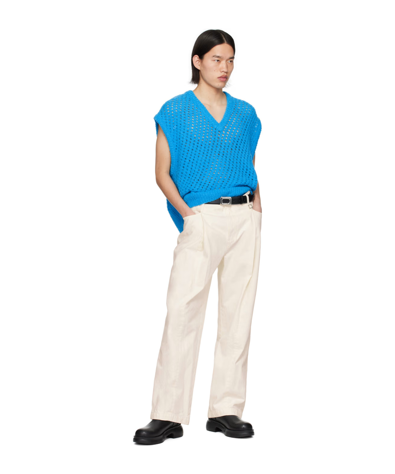 Wooyoungmi Coarse Wool Knitted Mesh Sleeveless Sweater In Blue