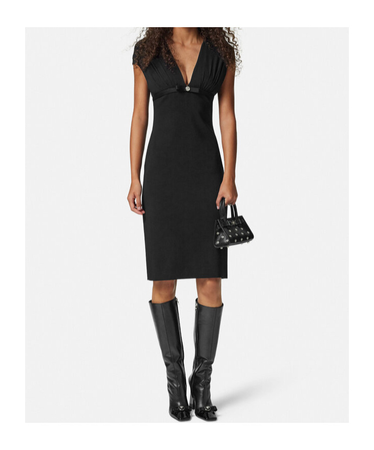 Versace Fitted Black Midi Dress With Satin Trim And Medusa Detail In Black