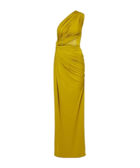 Alex Perry One-shoulder Cutout Draped Gathered Stretch Recycled Crepe-jersey Gown In Yellow