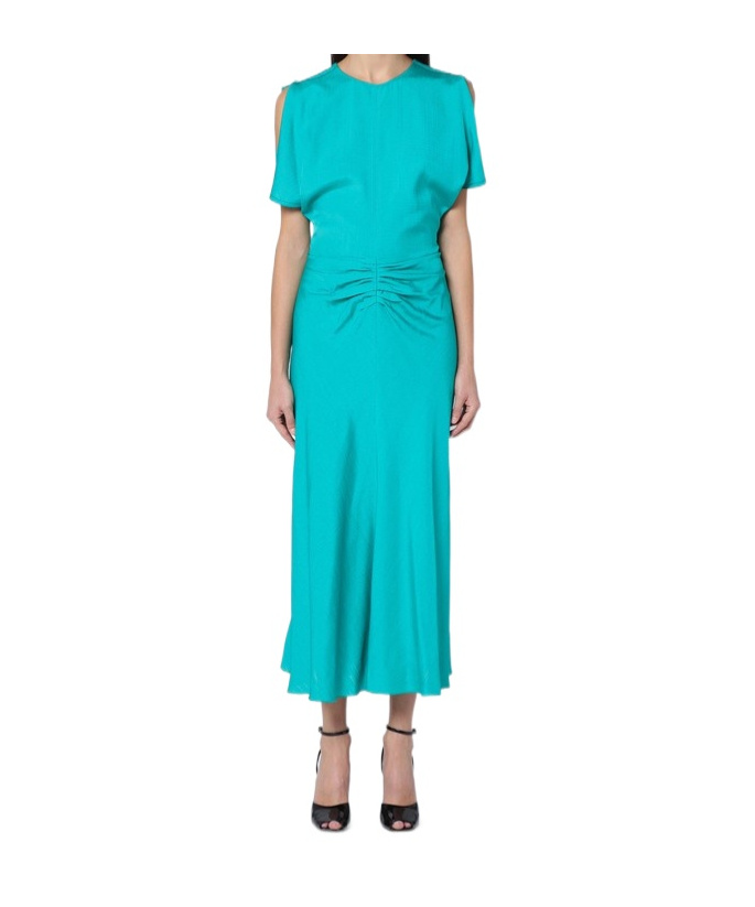 Victoria Beckham Peacock Colour Midi Dress With Hooded Sleeves