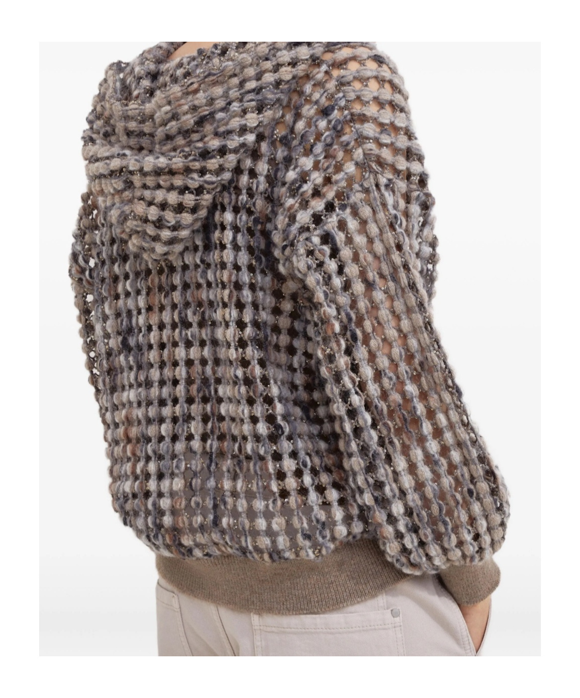 Brunello Cucinelli Pailette Wool-cashmere Net Balloon-sleeve Zip Hoodie In Brown