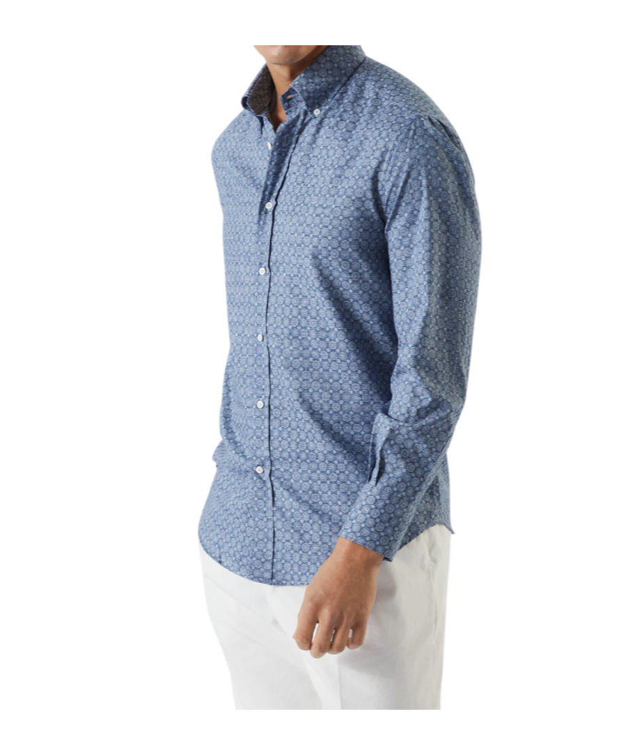 Brunello Cucinelli Floral Print Twill Basic Fit Shirt With Button-down Collar In Denim