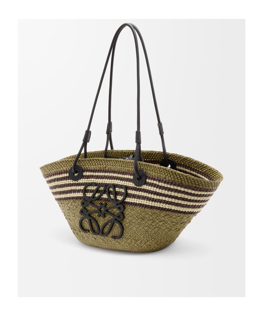 Loewe Anagram Stripes Small Basket In Iraca Palm And Calfskin