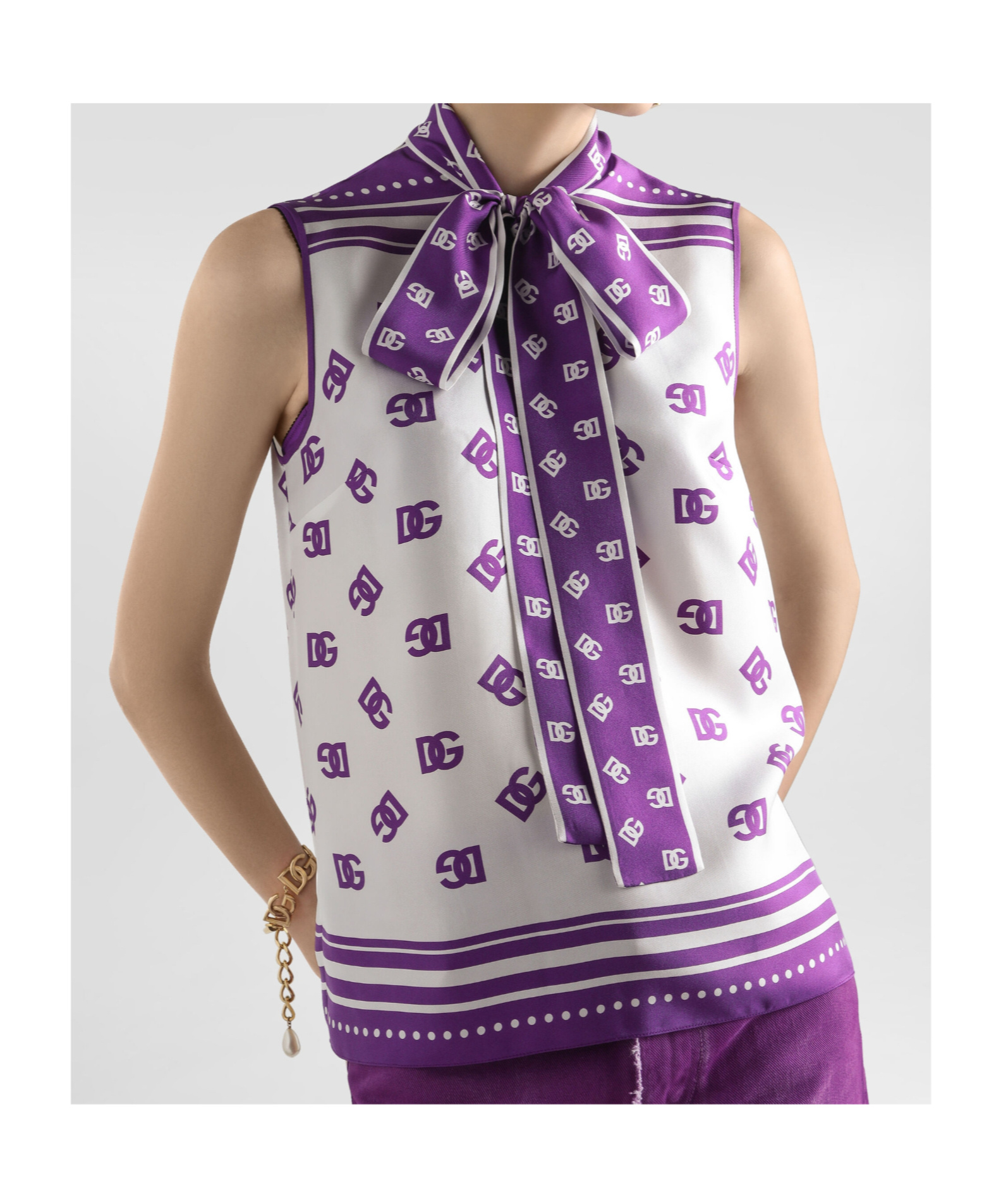 Dolce & Gabbana Allover Printed Sleeveless High Neck Top In Purple