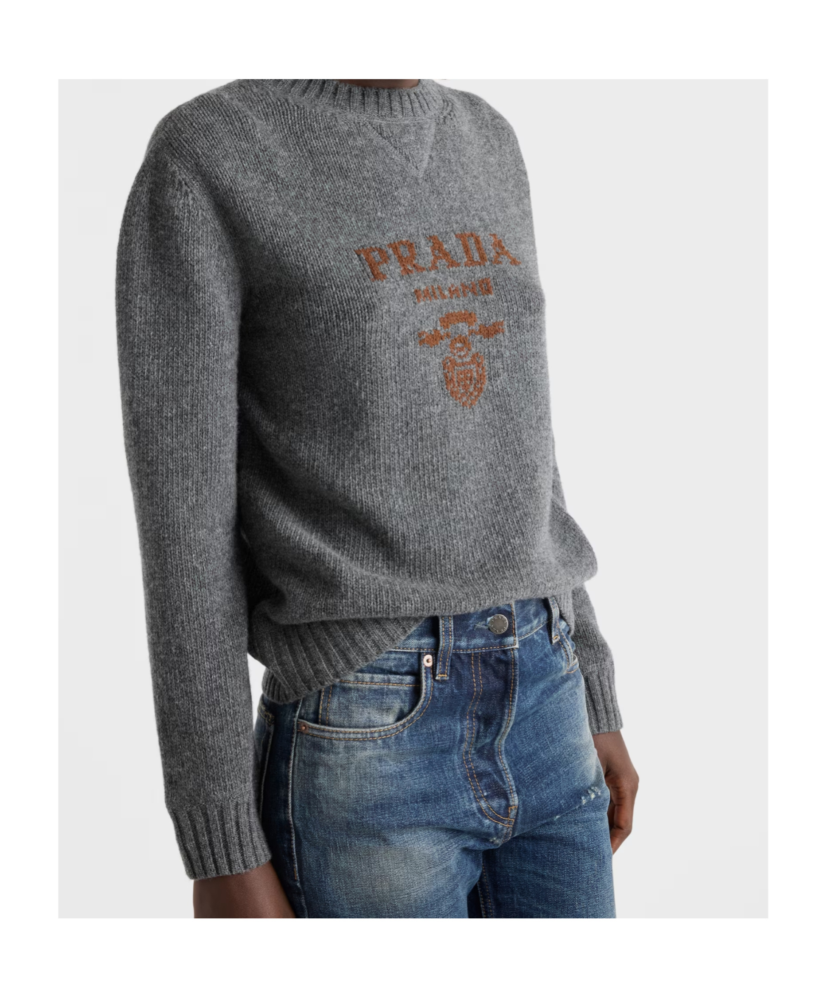 Prada Cashmere And Wool  Logo Crew-neck Sweater In Gray