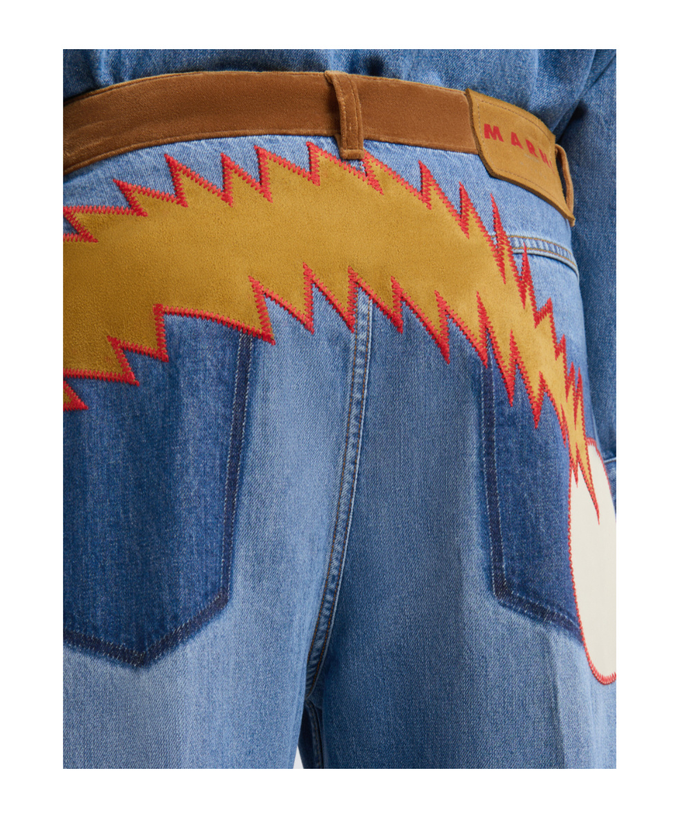Marni Blue Denim Trousers With Velvet Waistband In Brown