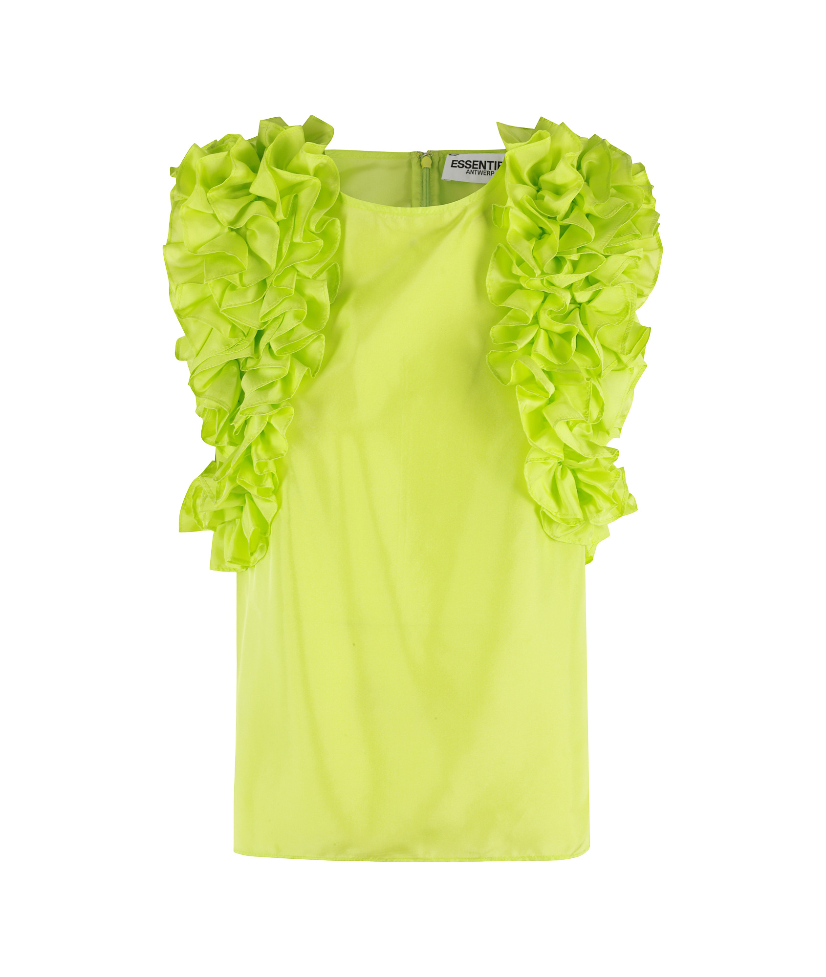 Essentiel Antwerp Multi-ruffle Silk Top With Discreet Zip Closure In Yellow