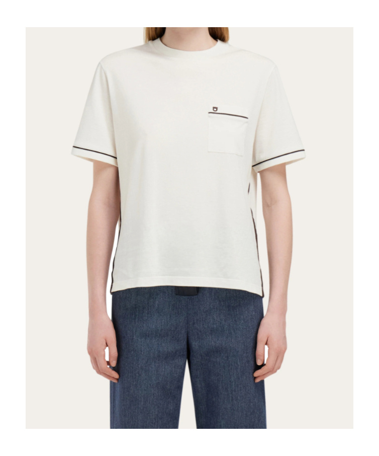Ferragamo Gancini Crew Neck T Shirt Pocket Trim In White