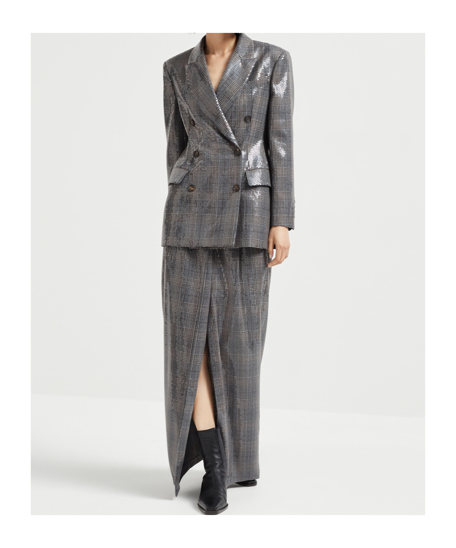 Brunello Cucinelli Glam Check Sequined Double-breasted Blazer In Gray