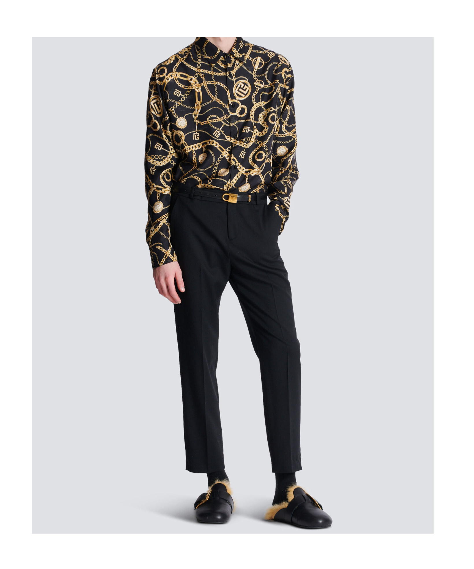 Balmain Black Shirt With Pointed Collar And Chain Print With Logo In Silk Man In Black
