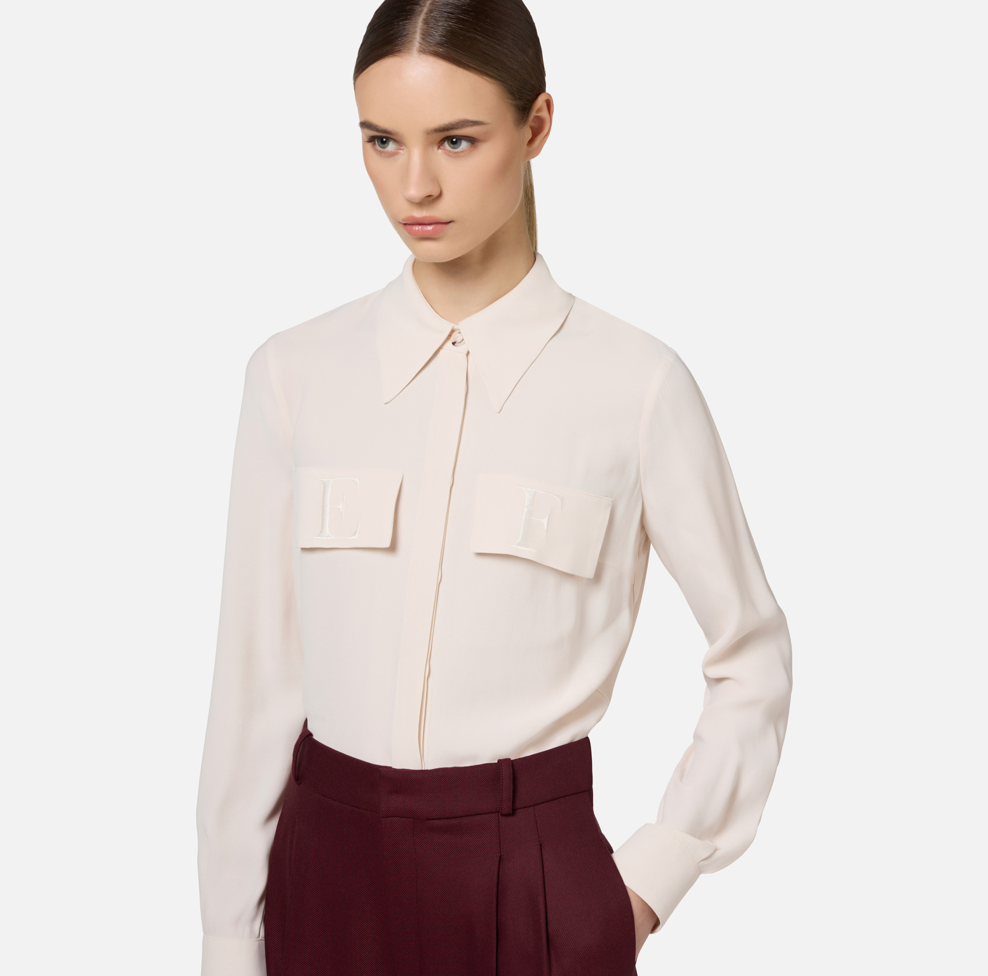 Elisabetta Franchi White Viscose Shirt With Classic Collar In Pink