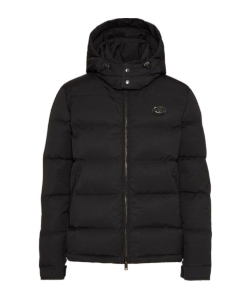 Valentino Nylon Hooded Down Jacket With Leather Patch And Vlogo Signature In Black