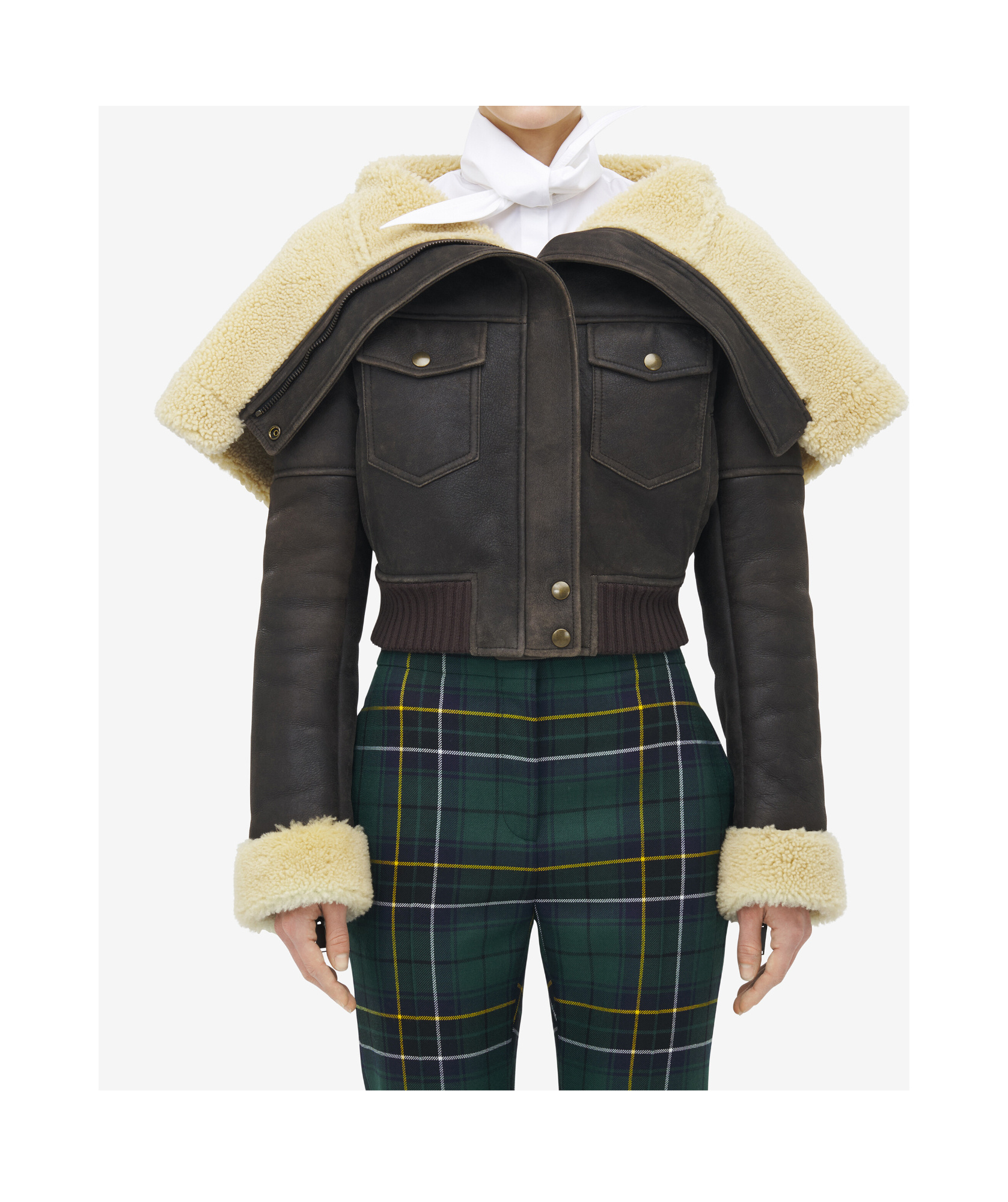Alexander Mcqueen Cropped Shearling-trimmed Leather Jacket In Gray