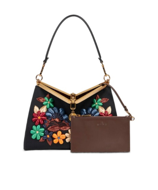 Etro Medium Vela Bag With Flowers In Black