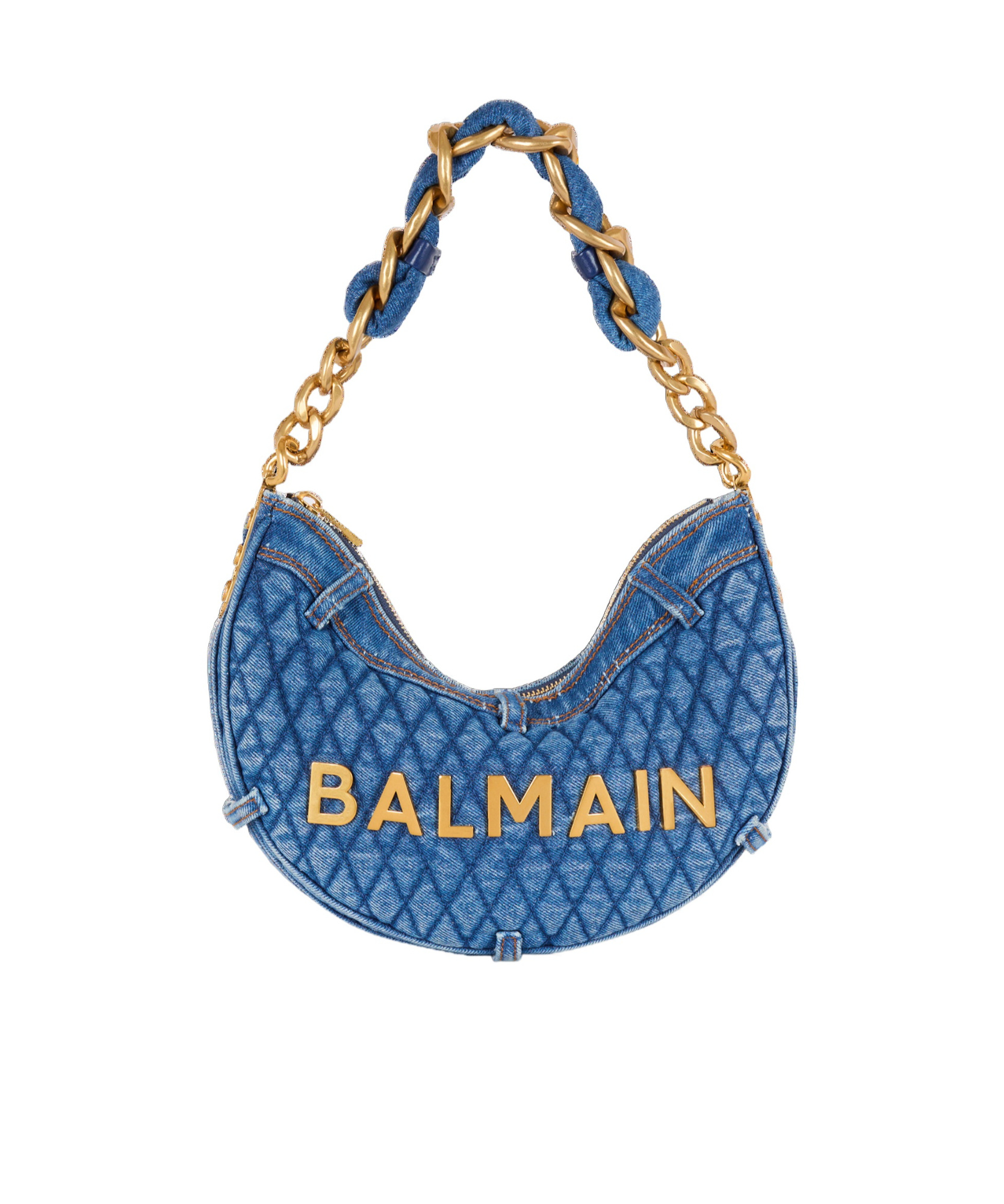 BALMAIN 1945 SOFT MOON BAG IN DIAMOND-QUILTED DENIM
