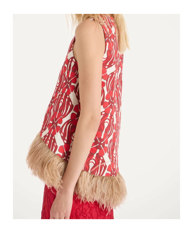 La Doublej Icon La Scala Feather-trimmed Printed Stretch-cotton Tweed Top In Red