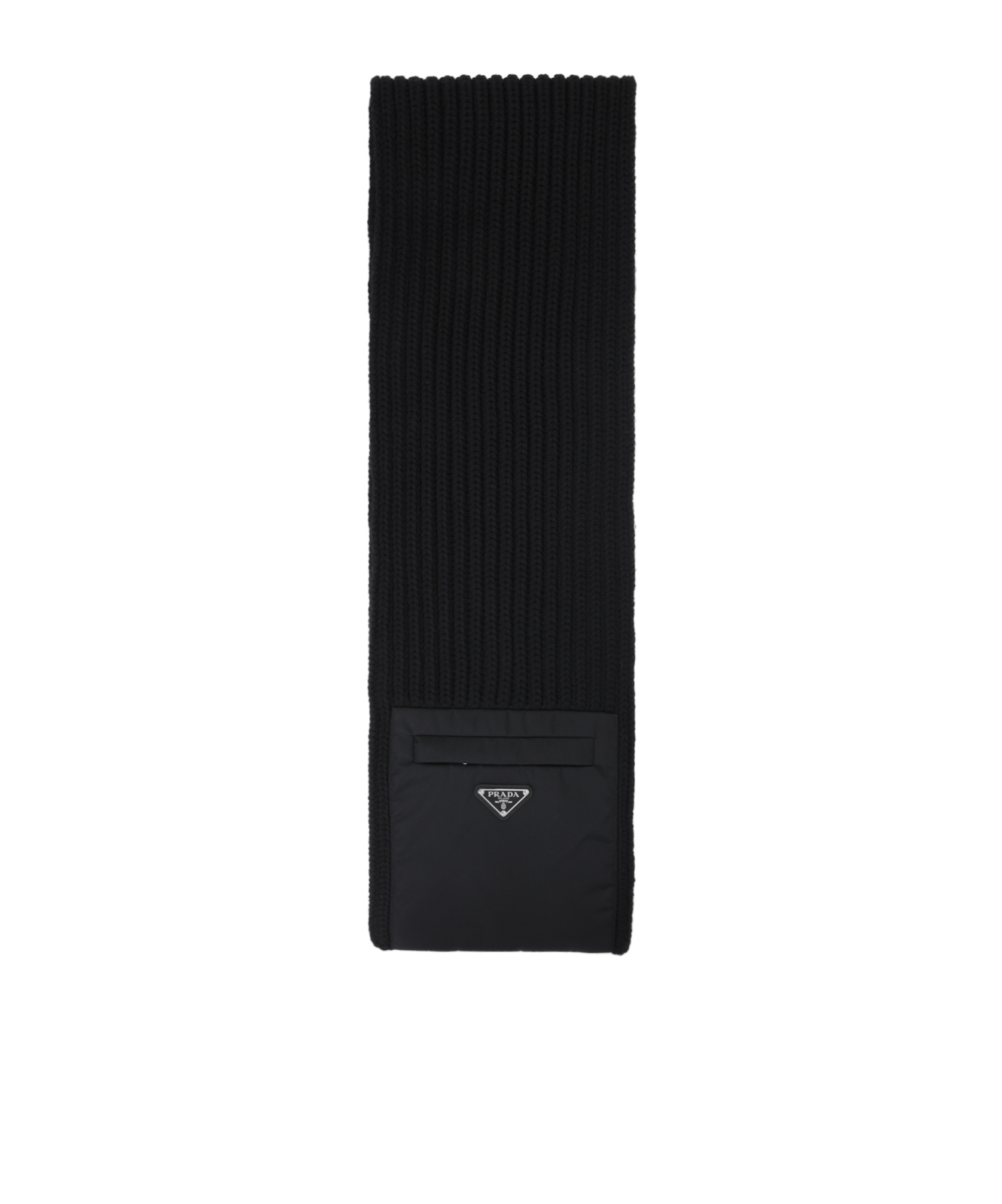 Prada Wool Blend Ribbed Scarf With Zip Pocket In Black