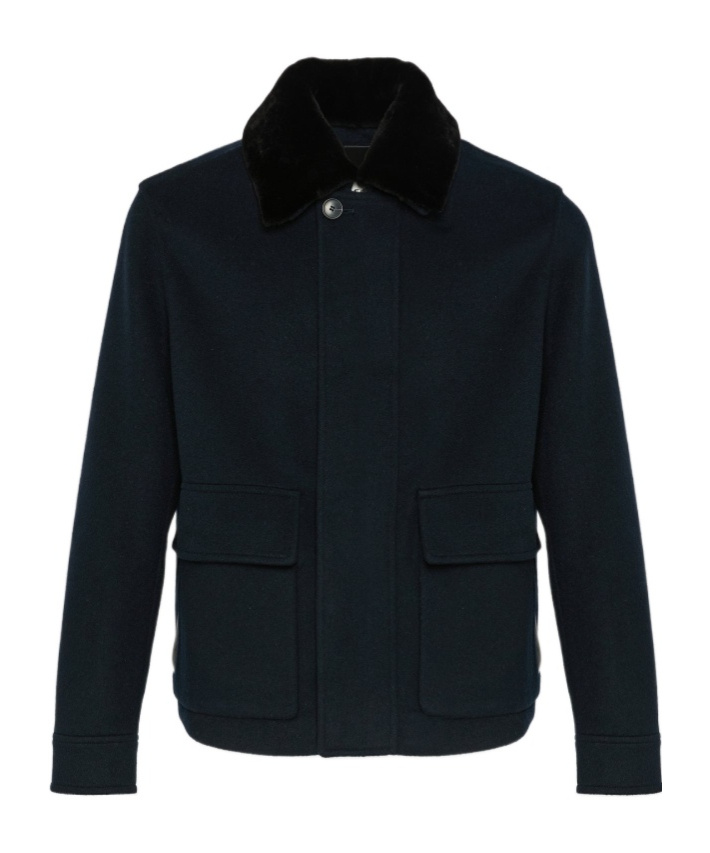 Yves Salomon Jacket In Double-sided Wool-cashmere Fabric With Mink Collar In Blue