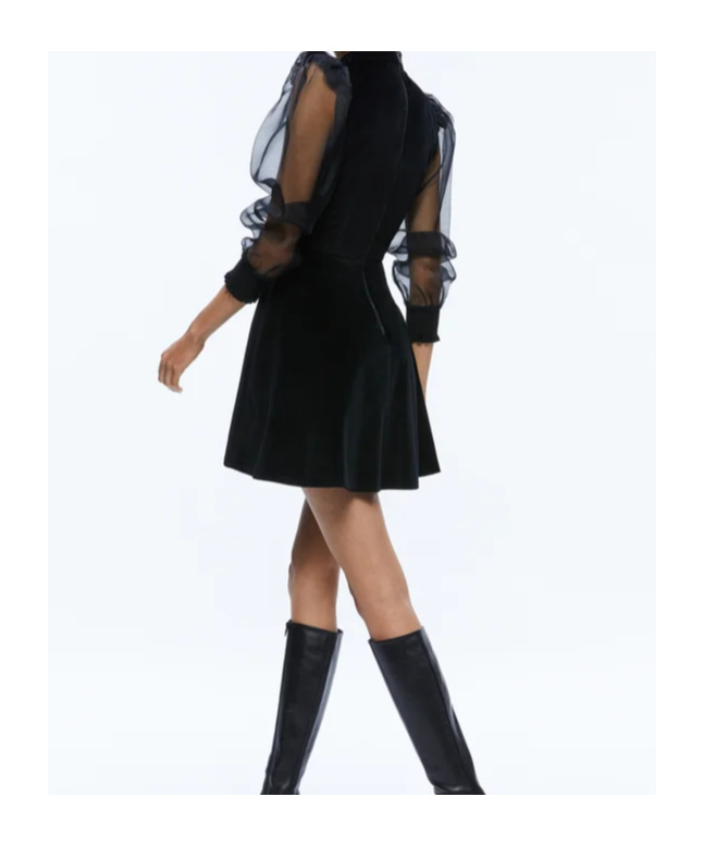 Alice And Olivia Paulette Mock-neck Puff-sleeve Dress In Black